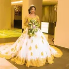 Свадебные платья с золотыми кружевами для африканских черных девушек, 2021, свадебные платья с длинными рукавами и аппликацией из бисера, свадебные платья из шелка с длинными рукавами
