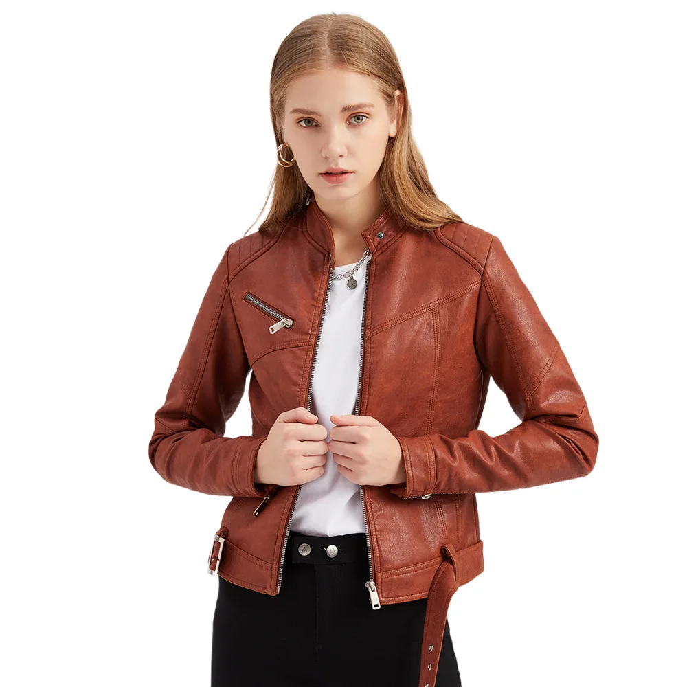 New Women's Short Jacket with Belt Women's Leather Jacket Large Size Slim-fit Leather Jacket Stand-up Collar Thin Leather Jacket