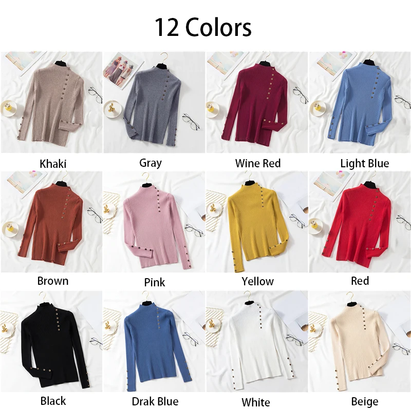 Зимний свитер на пуговицах с высоким воротником Женский однотонный вязаный