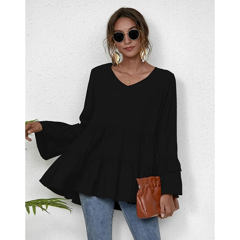 

Women Sexy Loose Ruffled V-Neck Top T-Shirt Casual Long Sleeve Shirt Top Black