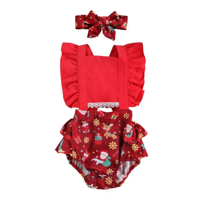 

Рождественский комбинезон для новорожденных, для девочки с квадратным вырезом с рюшами на рукавах топ с изображением Санта Клауса и северн...