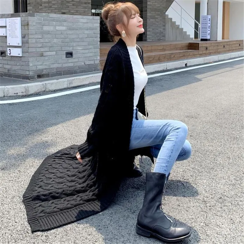 Женский Длинный трикотажный свитер K24 свободный большого размера в стиле