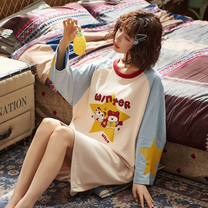 

Милая одежда для сна с героями мультфильмов для женщин Хлопок Сладкая принцесса одежда для сна ночная рубашка с длинным рукавом Свободные м...