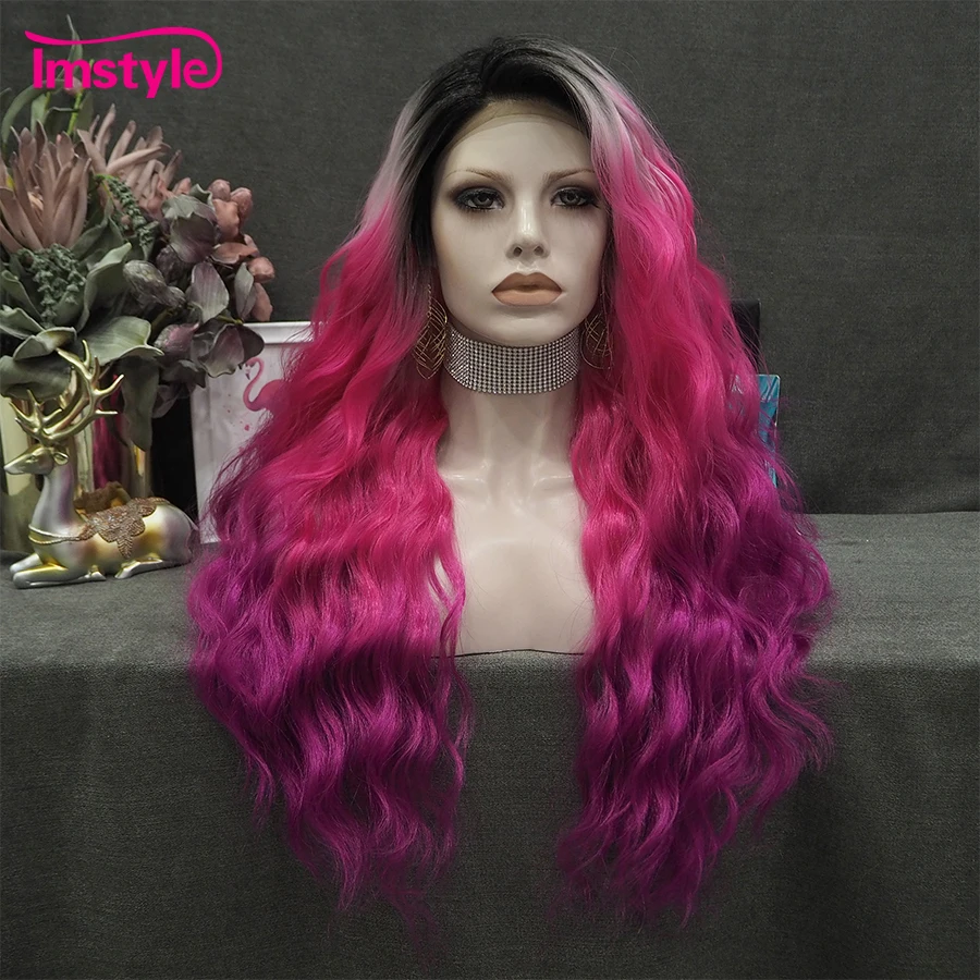

Imstyle Long Synthetic Lace Front Wig Ombre Pink Lace Wigs Multi Tone Heat Resistant Fiber Dark Root Deep Wave Wigs For Women