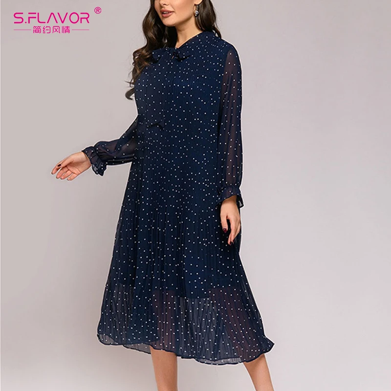 S.FLAVOR/шифоновое платье в горошек с бантом и длинными рукавами Свободное