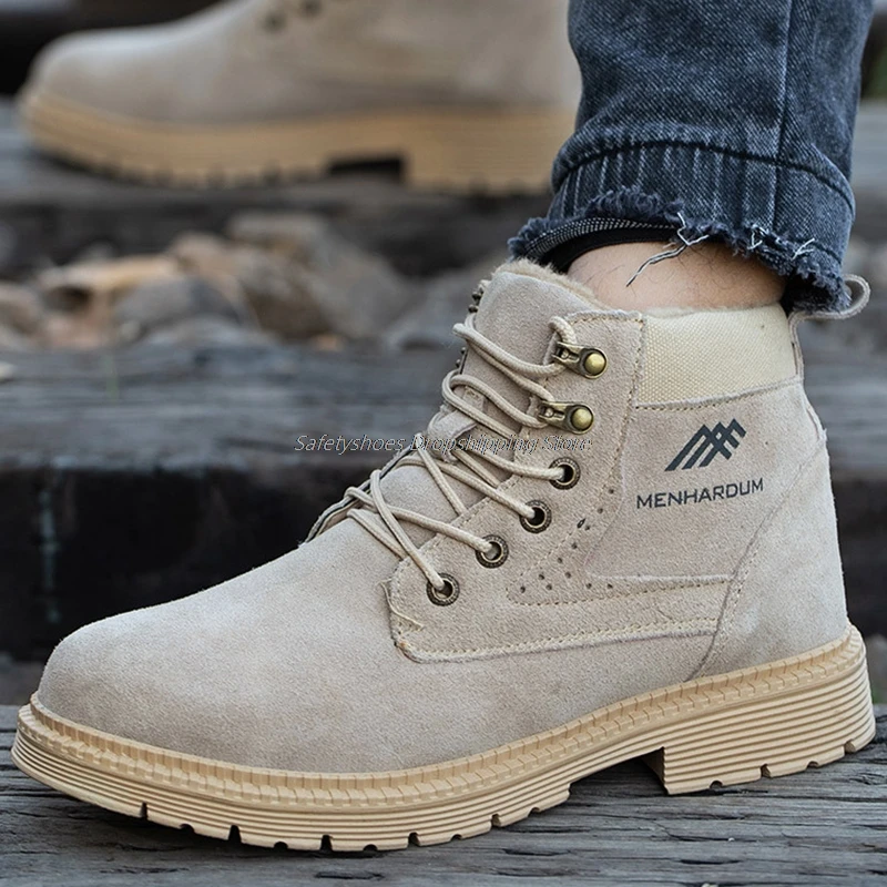 

Leather Boots Safety Shoes Men's Ankle Boots Protective Non-slip Boots Steel Toe Cap Anti-Smashing Shoes For Men Warm Plush Shoe