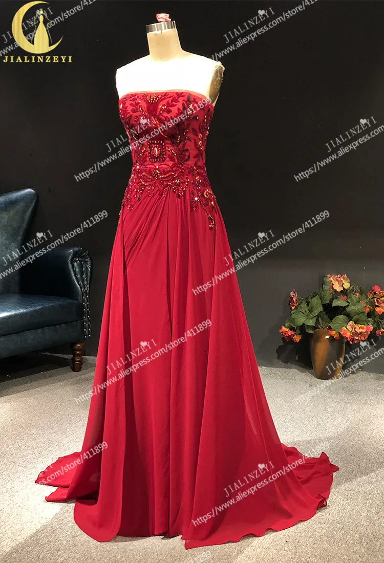 Rhine real Pictures Straplesss Wine Red beaded Crystal Chiffon Formal dresses Fashion dress Evening dresses