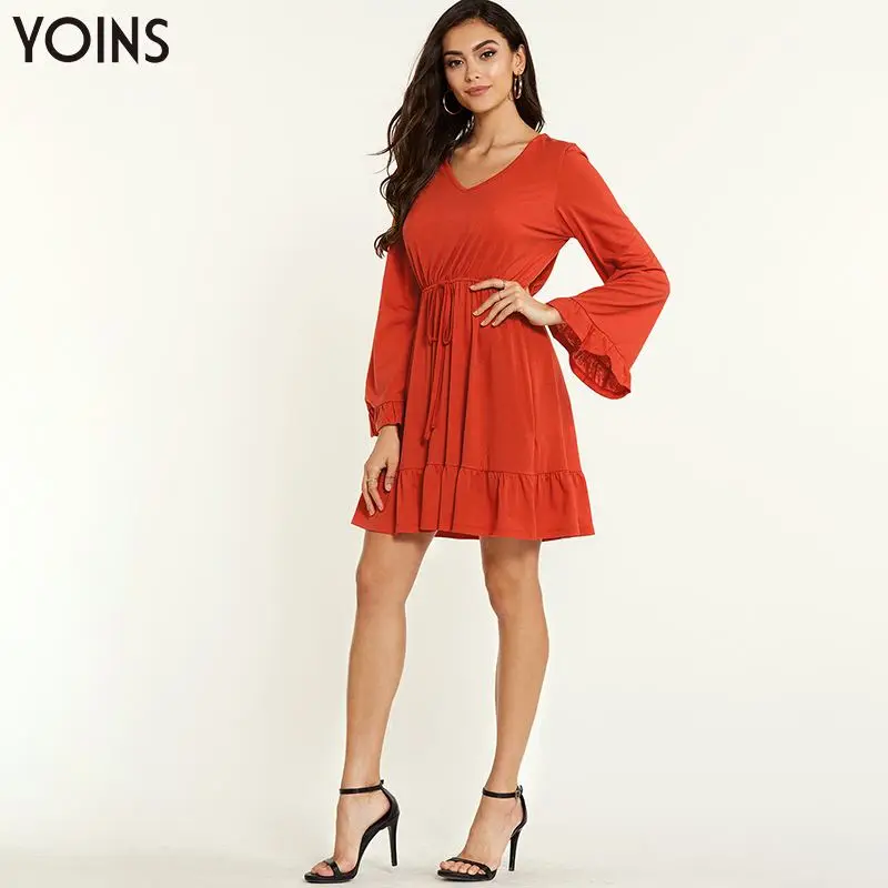 YONIS 2020 женское оранжевое платье с v-образным вырезом и завязками на талии длинными