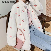 2021 winter embroidery fruit faux fur jacket white vintage women stay warm imitate rabbit hairy shaggy coat zipper outerwear