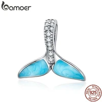 bamoer 925 sterling silver sparkling mermaids tail blue enamel charms beads fit bracelets jewelry accessory scc1067