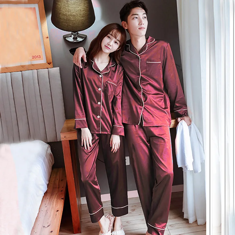 Couples' Pajamas Women's Spring Autumn Long Sleeve Silk Simulation Thin Style Plus Large Size Men's Home Suit Female Sleepwear