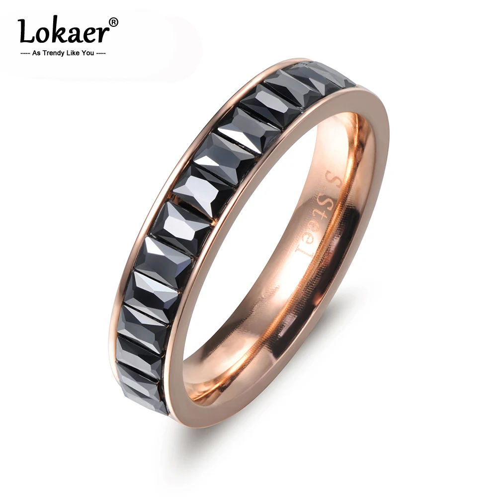 Lokaer классические кольца из нержавеющей стали инкрустация черный прямоугольник кубический циркон обручальное кольцо для женщин Свадебные наборы R17027