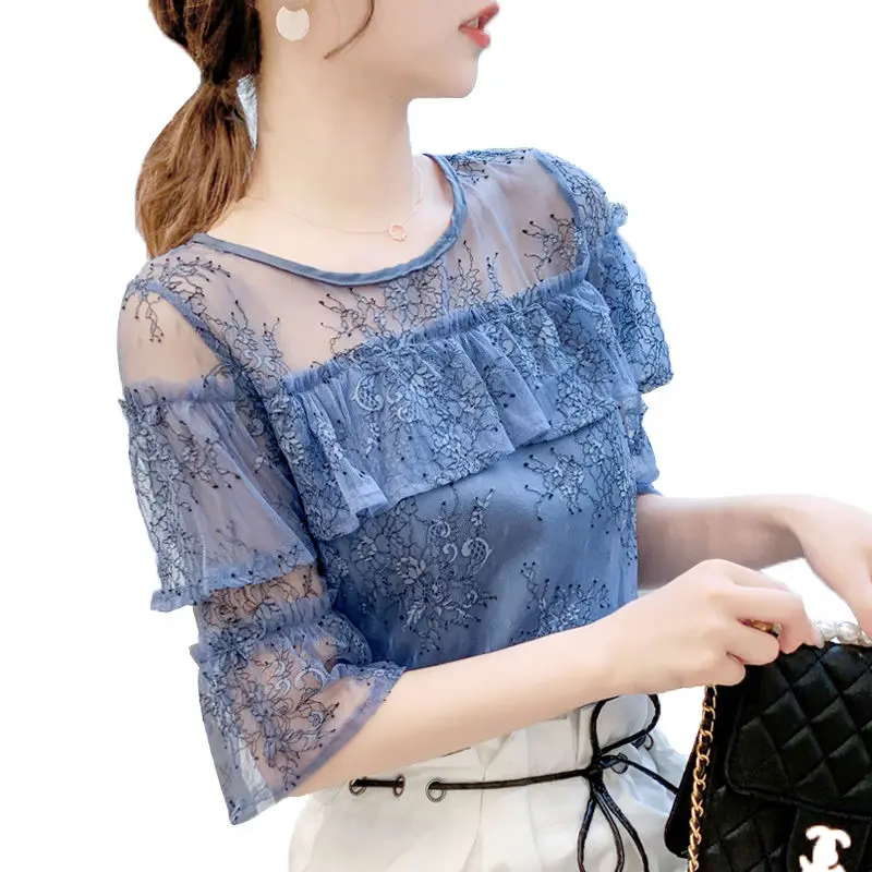 

Women's Spring Summer Style Chiffon Blouses Shirt Women's Elegant Ruffles O-neck Butterfly Sleeve Solid Color Casual Tops SP8716