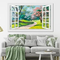 pink cherry blossoms boulevard pretend window 3d wall design art canvas painting pictures prints home living room decor posters