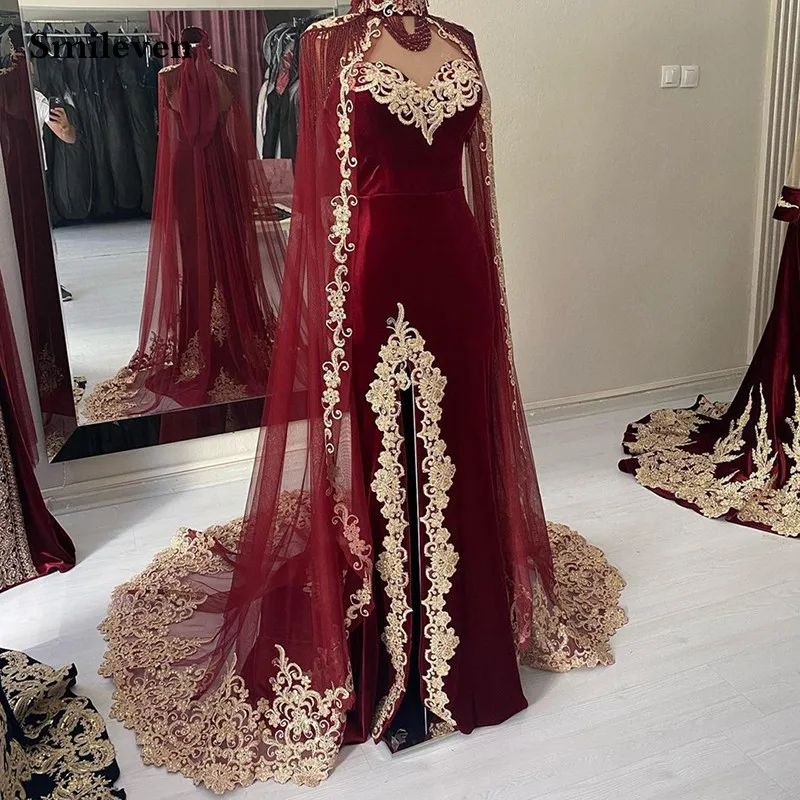 

Smileven Burgundy Karakou Algerian Caftan Mermaid Evening Dresses With Lace Shawal Prom Dress Party Gowns