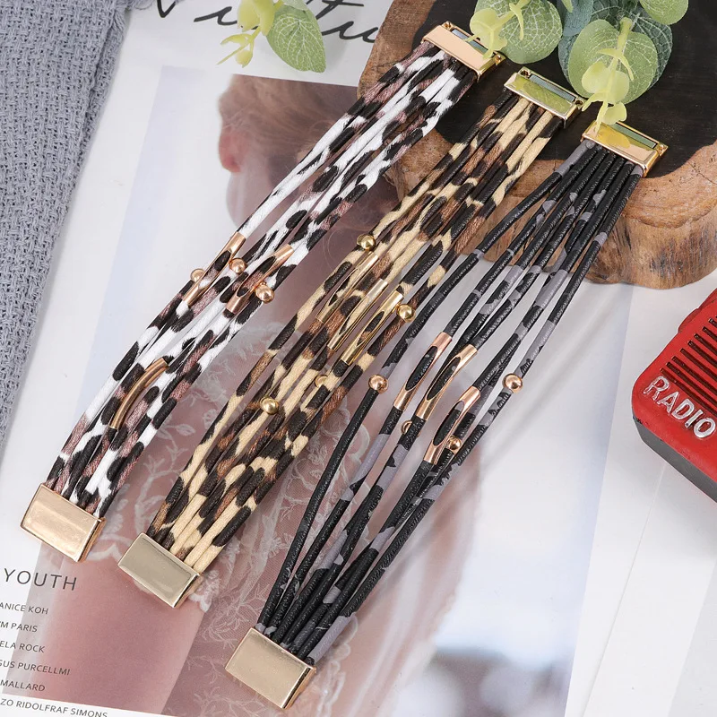 Женский кожаный браслет с леопардовым принтом многослойный на запястье