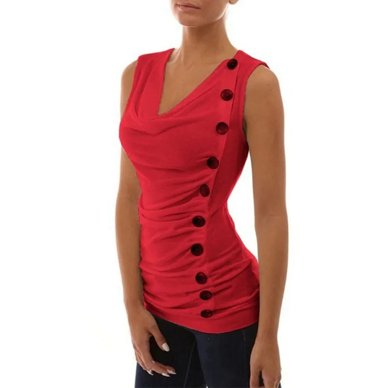 

V-Neck Sleeveless Women's T-Shirt Summer Slim High Waist Female Tops Irregular Girls Shirt Casual Button Lady Solid Tank Tops