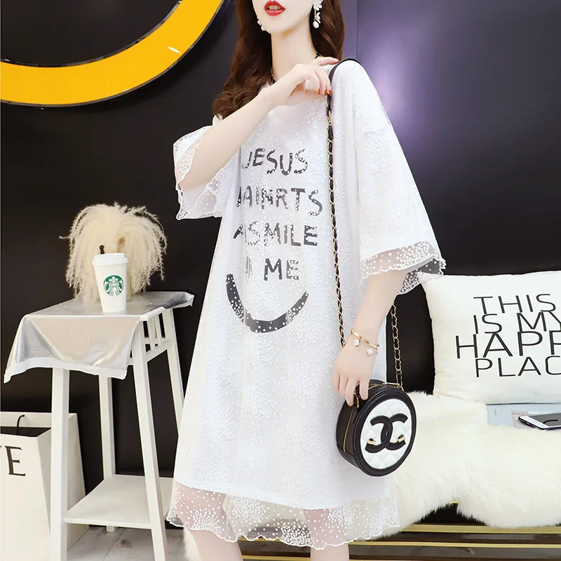 

#4943 Лето 2021 длинное платье-футболка женское свободное Повседневное платье-футболка из сетчатой ткани с принтом букв Платье До Колена