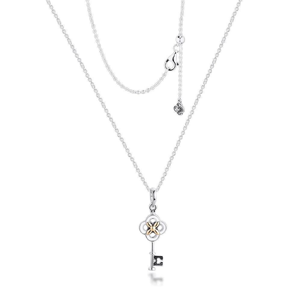 

Two-tone Key Chain With Flower Necklace 100% 925 Sterling Silver Jewelry For Women Fashion Gift