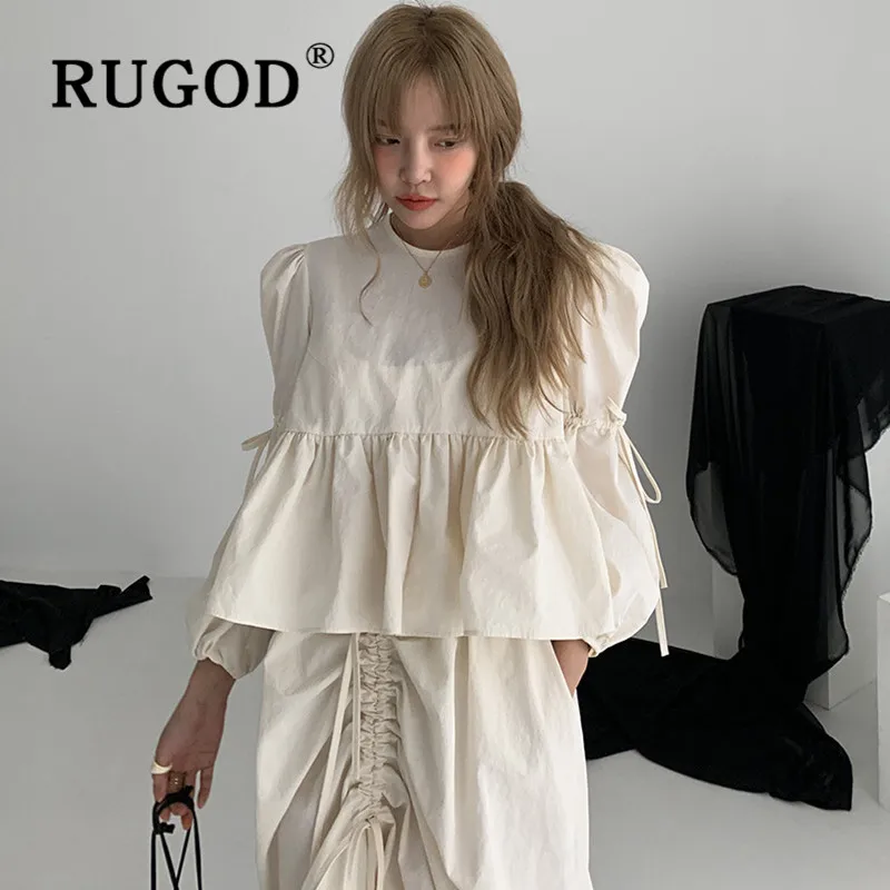 RUGOD ins, модная однотонная женская блузка, Корейская, с пышными рукавами, с открытой спиной, на шнуровке, женская осенняя одежда, повседневные, с оборками, милые топы, femme