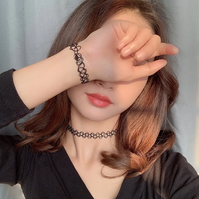 

12 pcs/Set Fishline Tattoo Black Chokers Necklace Vintage Stretch Henna Gothic Punk Elastic Hollow Chocker Women Jewelry HOT