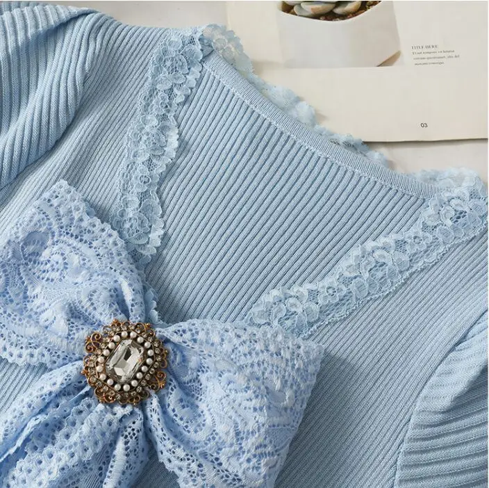 

Summer Sweet Lace Bowknot Knit T-shirts Girls Short Puff Sleeve Crop Tops Female Single-Breasted Patched Lace V-neck Tshirt