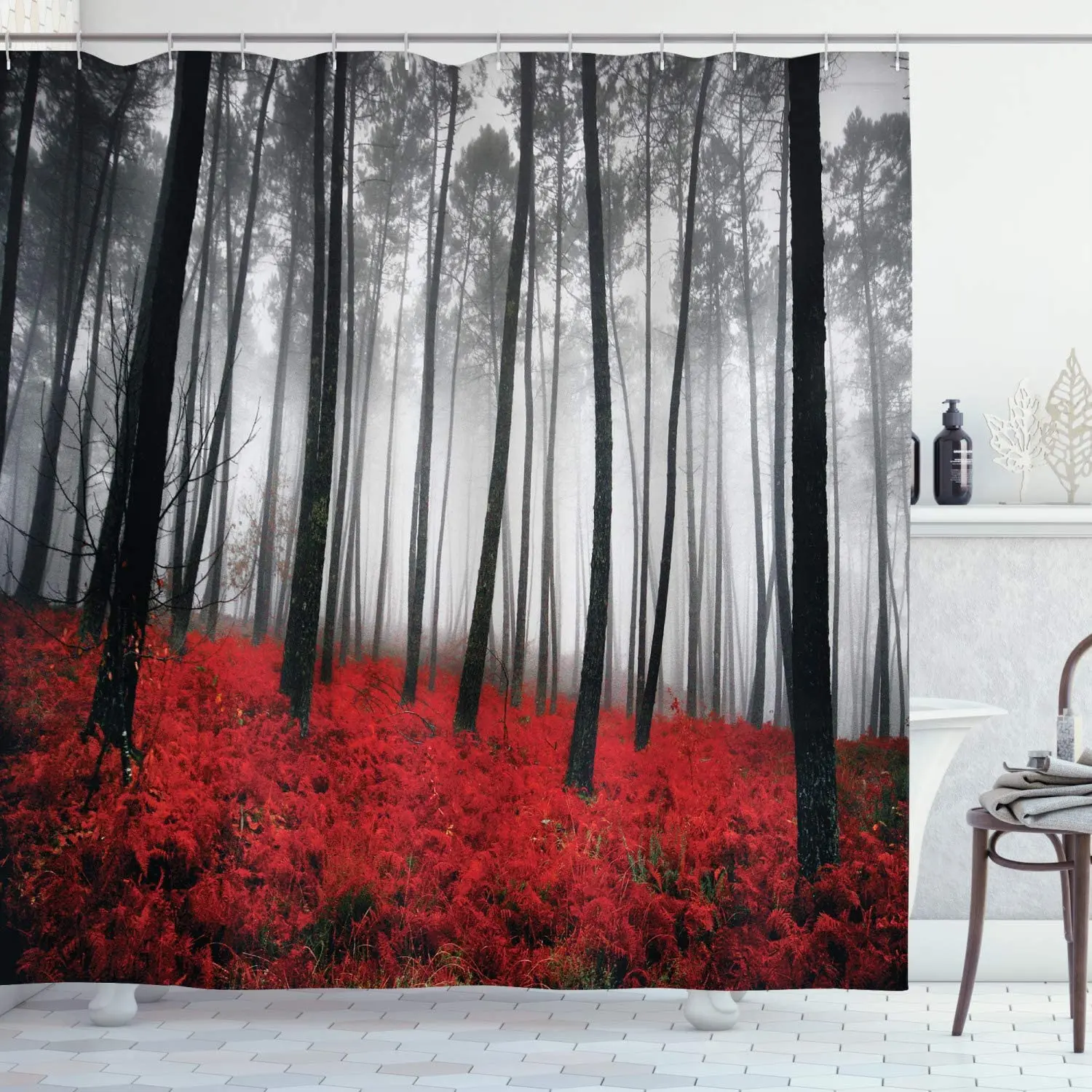 

Forest Shower Curtain Mystical Fantasy Woodland Under Heavy Fog Tall Trees Bushes Contrast Colors Bathroom Decor Set with Hooks