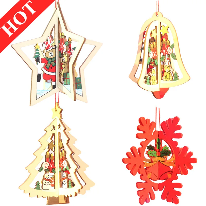 Кулон украшение для рождественской елки деревянный колокольчик пятиугольник