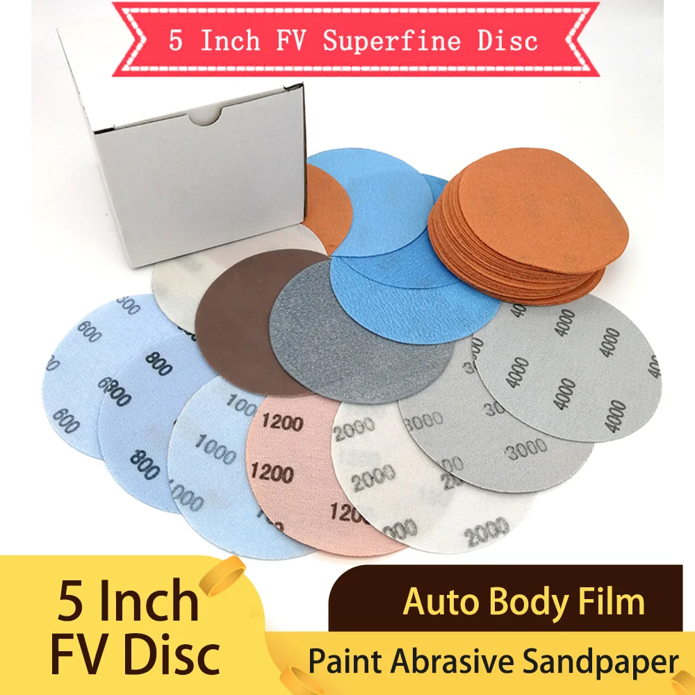 5 Inch 125mm FV Superfine Wet/Dry Hook & Loop Auto Body Film Sanding Discs Paint Abrasive Sandpaper, 600#-4000# Grit