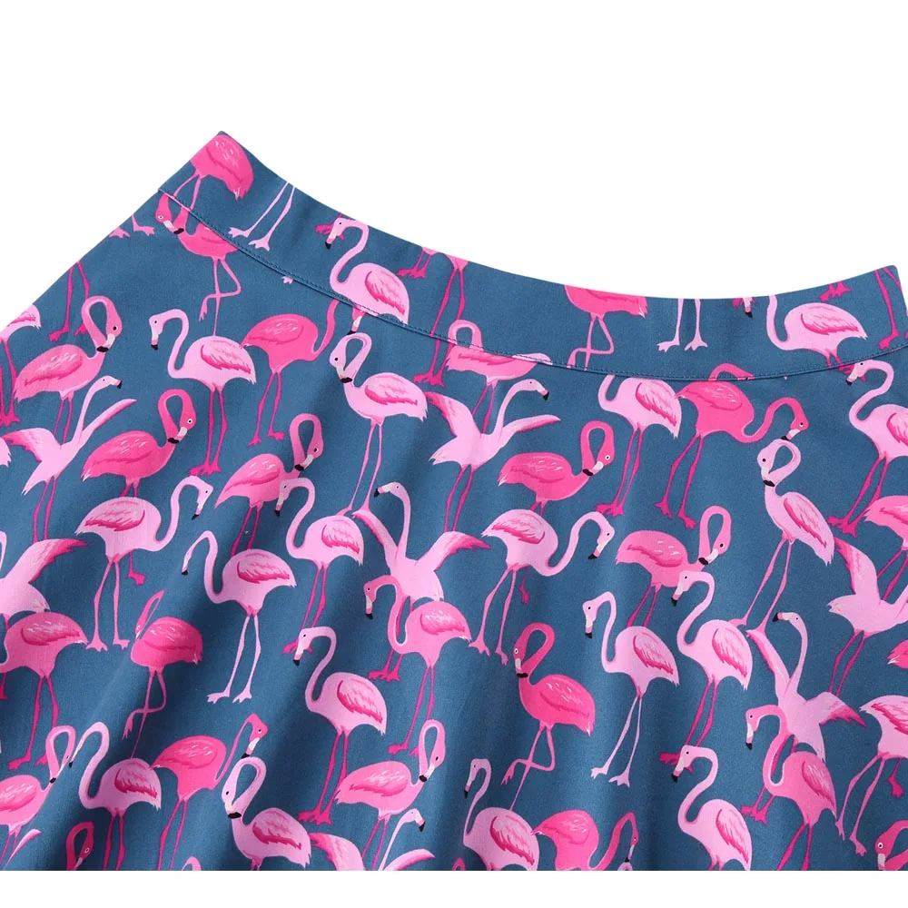 Юбка женская трапециевидная с принтом фламинго хлопковая винтажная широкая юбка