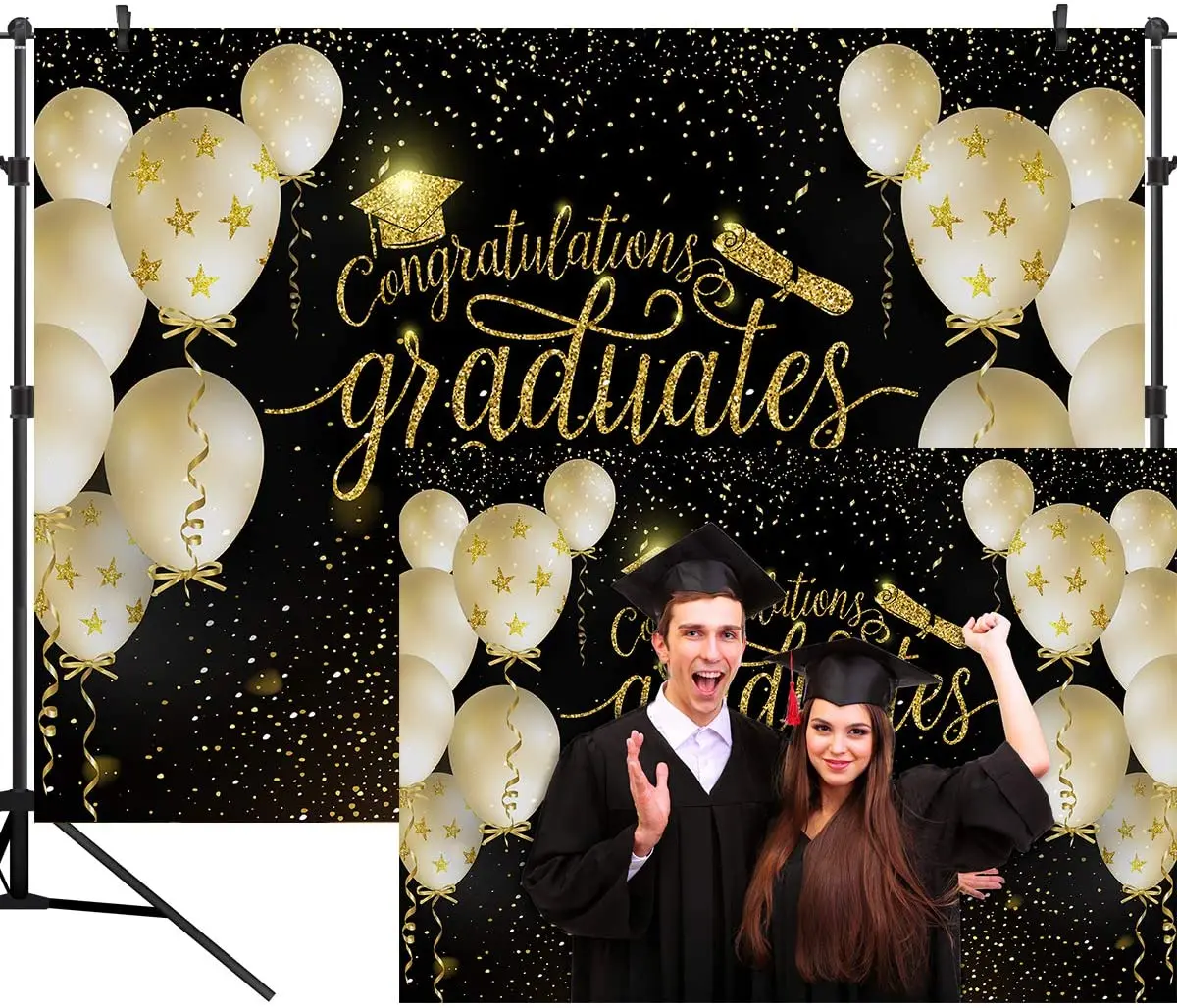 

Glitter Gold Happy Graduation Photography Backdrop Class of 2021 Prom Congrats Grad Bachelor Cap Balloons Spot Ribbon Background