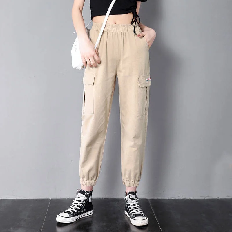 

Mujer Pantalones Women Straight Overalls Casual Harem Pants Korean Style Elastic Waist Black Cargo Pants Women Streetwear