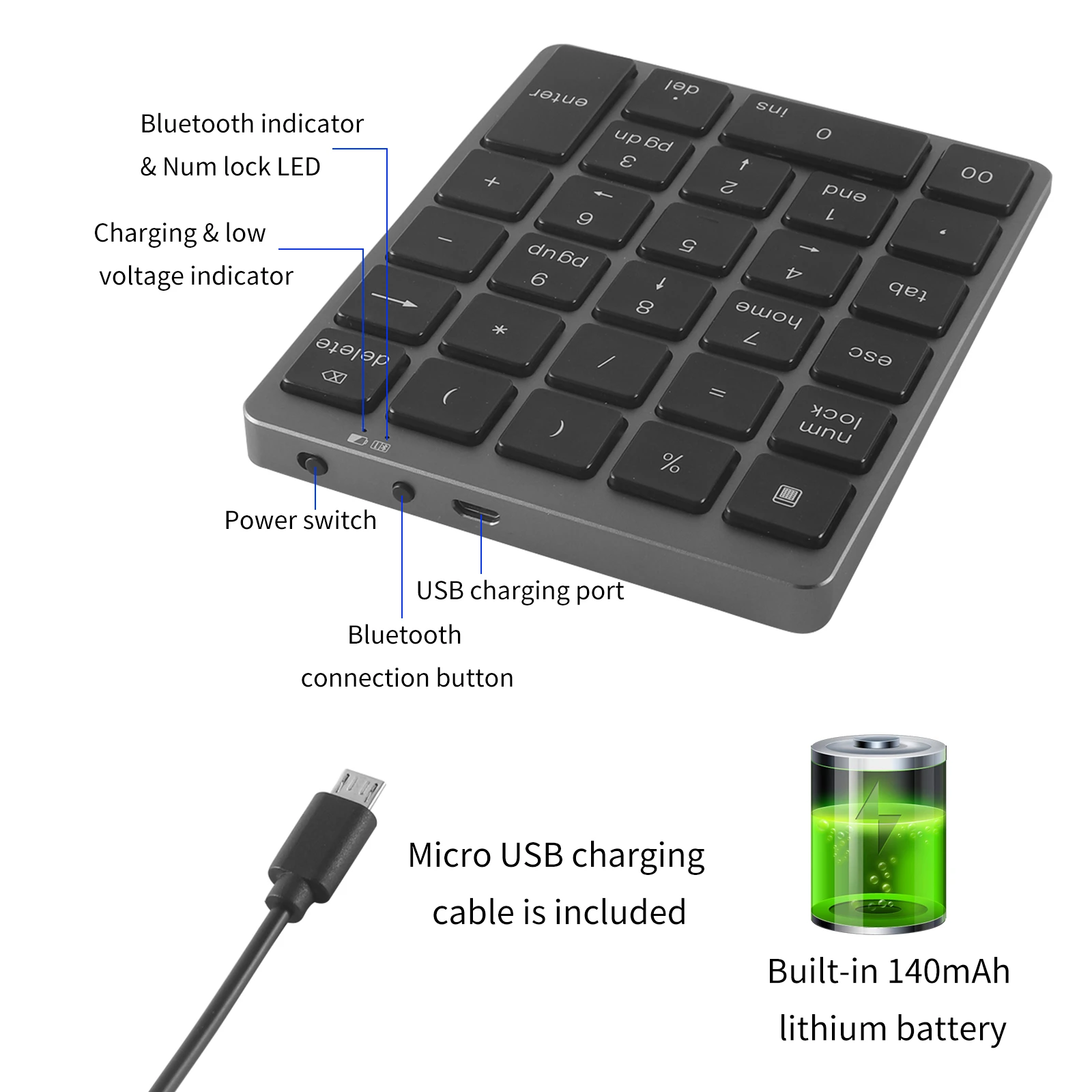 Цифровая клавиатура перезаряжаемая Беспроводная мини с 28 клавишами