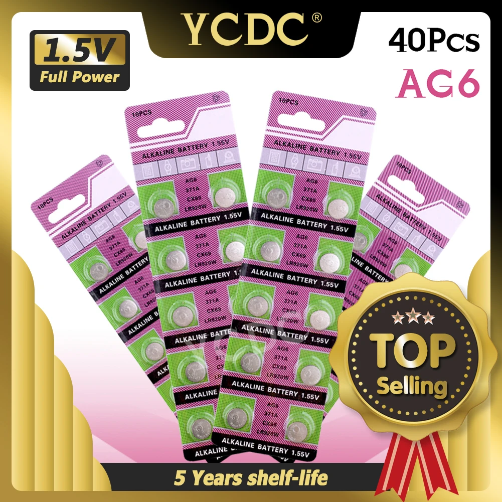 

40 шт., щелочные батарейки AG6 SR920SW, AG6 1,55 в, кнопочные батарейки 371 SR920SW LR920 SR927 171 370 L921 LR69 SR920, батарейки для часов