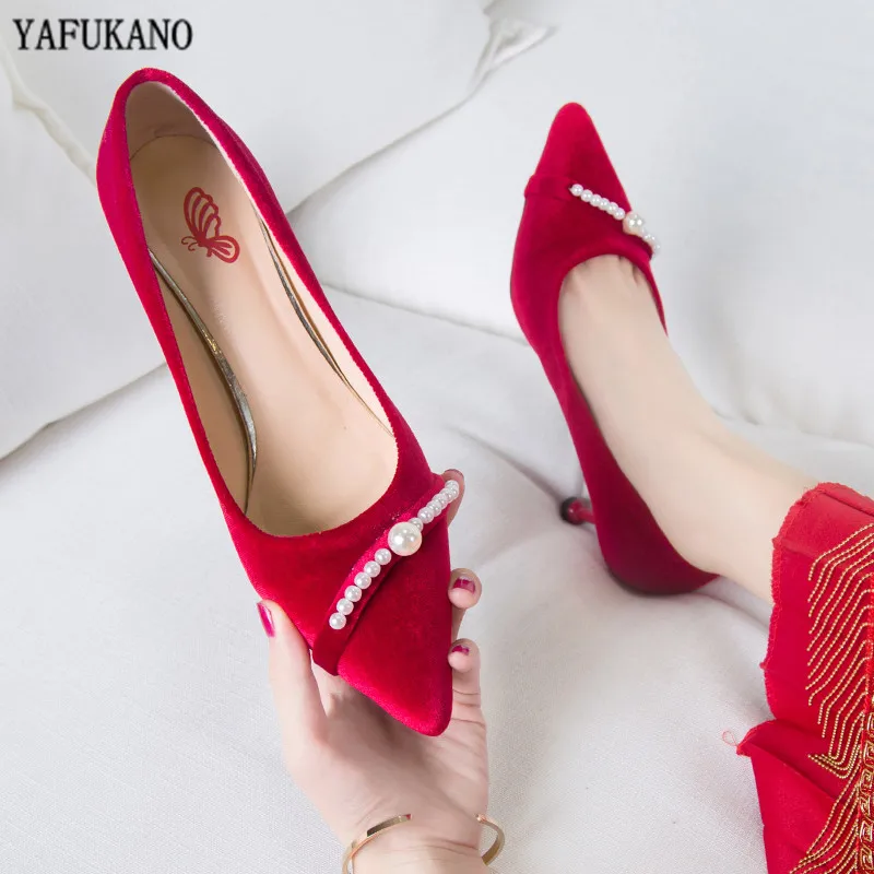 

Red High Heels Stiletto Sexy Pearl Korean Pointed Single Shoes Elegant Bridal Wedding Shoes Fashion Solid Flannel Lady Pumps