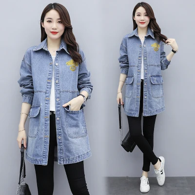

Smlinan Spring Autumn Dnim Long Coat Women Turn-down Collar Single Breasted High Street Streetwear Vintage Jeans Jacket Womens