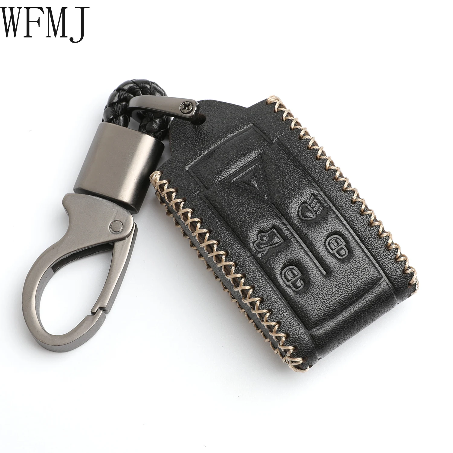 

WFMJ Black Leather for Jaguar XK8 S-Type Super V8 X-Type XF XFR XJ XJ8 XJR XK XKR 5 Buttons Smart Key Fob Case Cover Chain