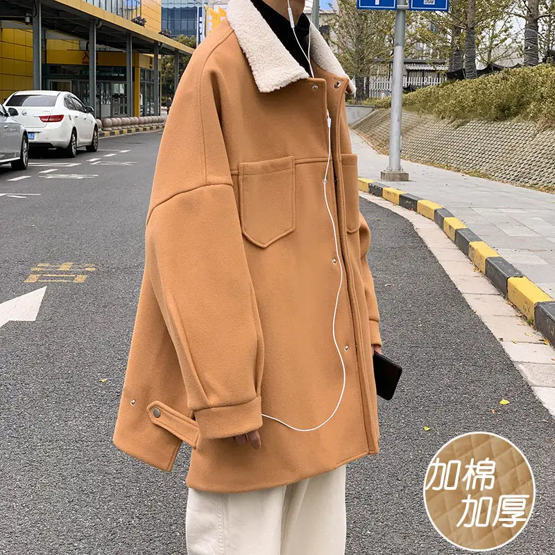 

Men's coat 2020 Autumn winter new slim solid color lamb wool medium long coat relaxed leisure personality youth men's wear