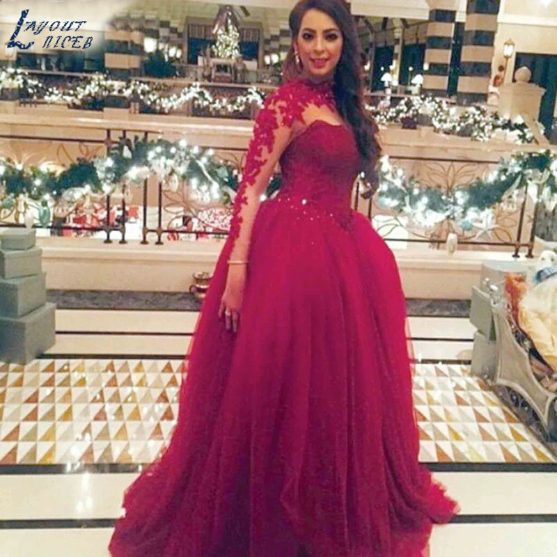Модное Бордовое платье с высокой горловиной аппликация для вечернего платья