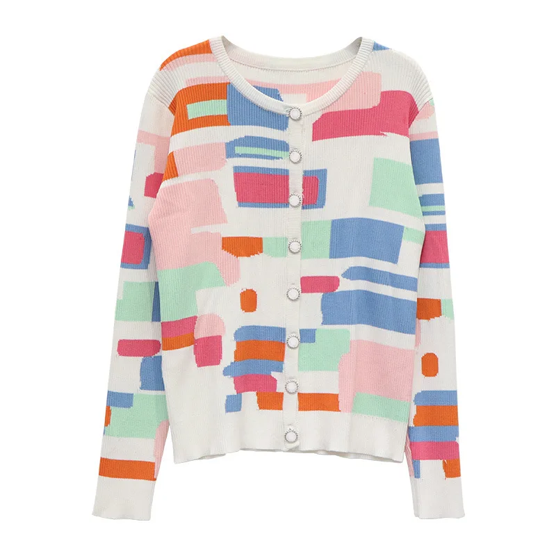

High Quality 2020 Autumn Women's New Color Geometric Pattern Long-Sleeved Cardigan Temperament Slim Nice Single Breasted Sweater