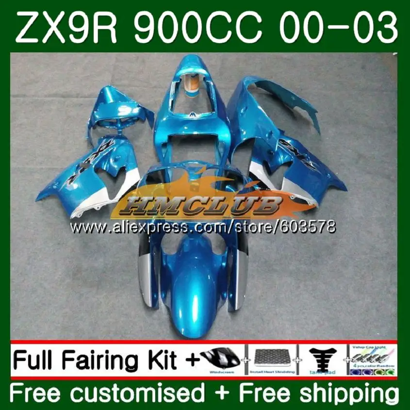 

Body For KAWASAKI ZX-9R ZX 9R 9 R 900 ZX9R 00 01 02 03 111CL.49 ZX900 ZX9 R 900CC 2000 2001 2002 2003 Fairings Glossy cyan