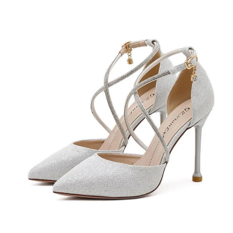

Elegant Rhinestone High Heels Women Pumps Silk Pointed Toe Wedding Shoes Women Buckle Strap Crystal Party Shoes Summer sandals