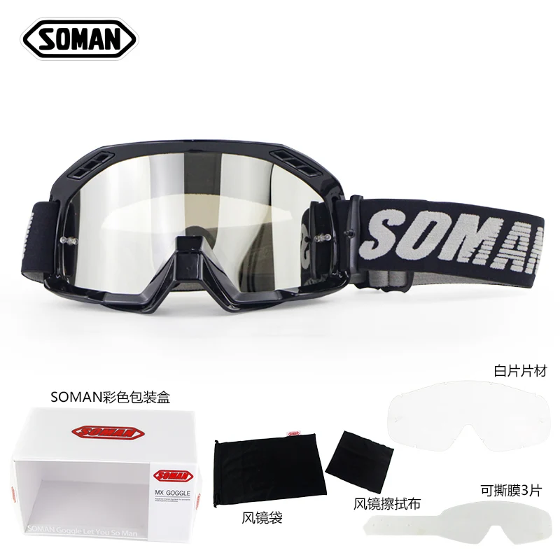 

Soman motocross glasses with 3 tear off film&white lens motorcycle helmet goggles motor bike cycling gafas mx off road lunettes