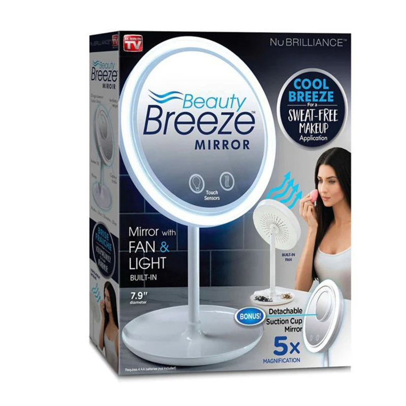 

Makeup Mirror With Fan LED Light Storage Makeup Lamp Desktop Rotating Vanity Mirror Round Shape Cosmetic Mirrors For Bedroom Fan