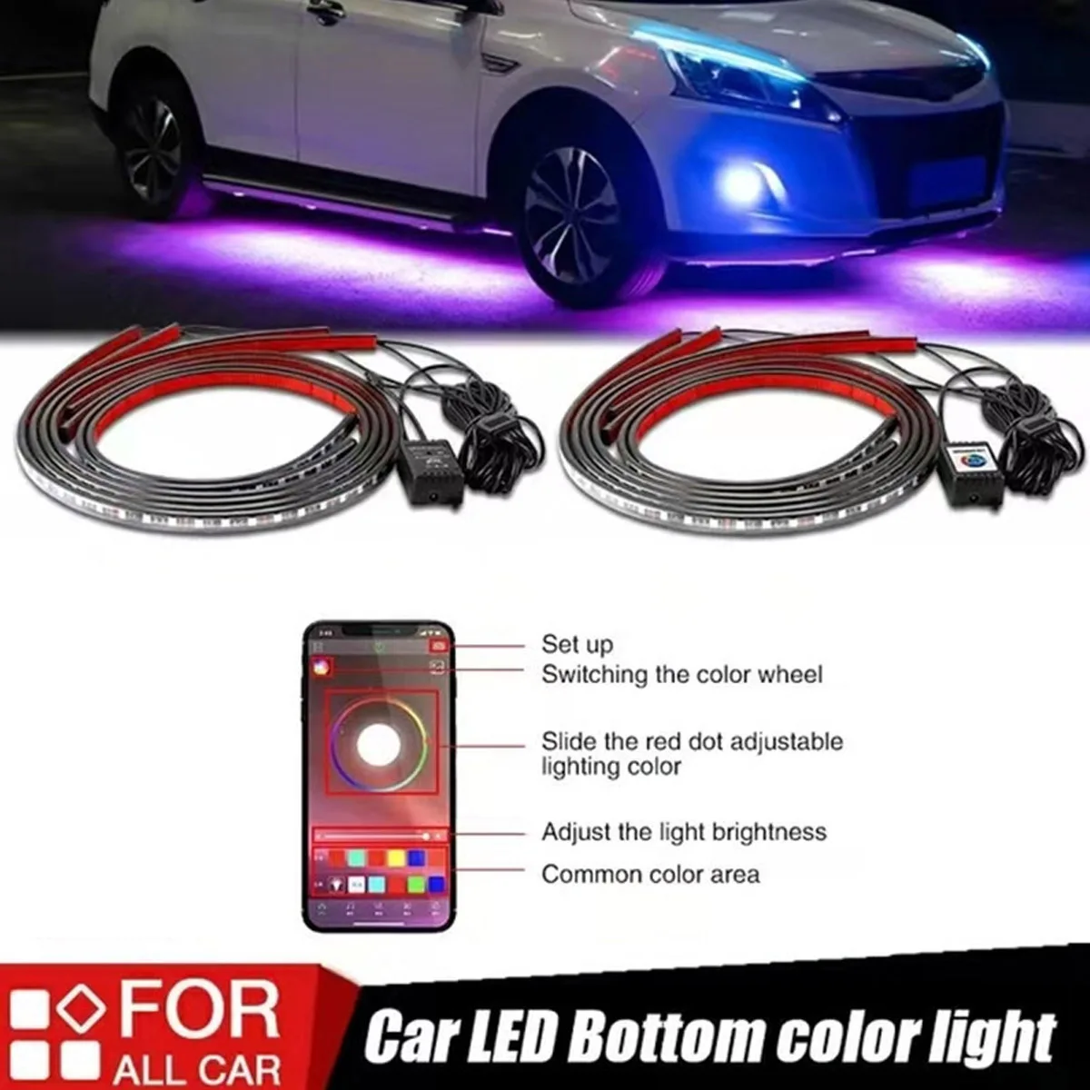 

60/90cm,90/120cm,120/150cm Underbody Under Glow Light Kit Voice+APP Control Multiple Modes of Flashing Car Music RGB LED Strip