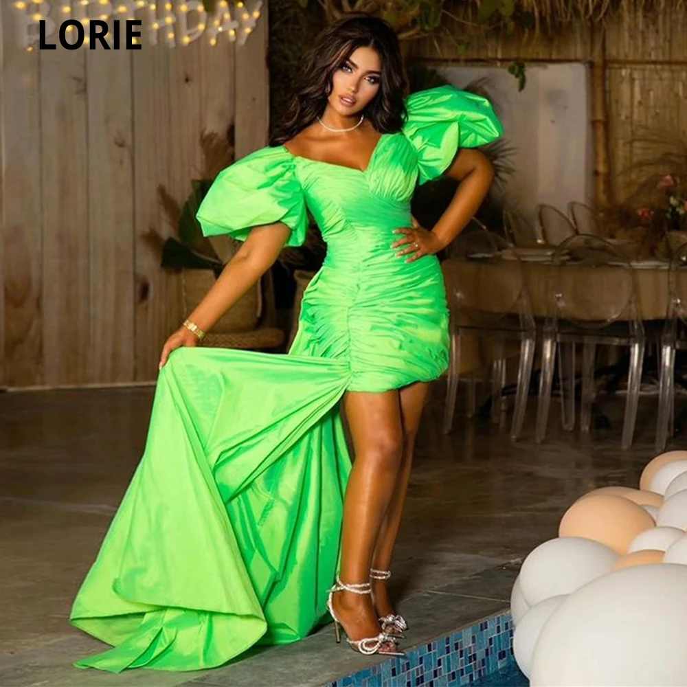 

LORIE 2022 Light Green Saudi Arabia Prom Dresses V-neck Dubia Short Puff Sleeves Evening Gown Vestidos De Festa Formal Dress