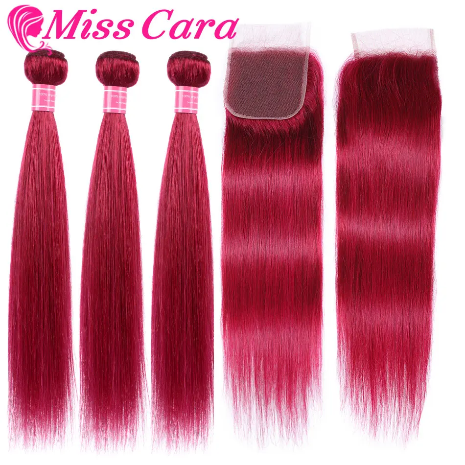 Miss Cara перуанские прямые волосы 3 пучка с закрытием 99J # бордовый человеческие