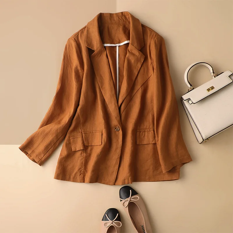 

Shuchan Linen Womens Blazers Single Button Solid Notched Office Lady Summer Colorful Blazer Jacket for Women