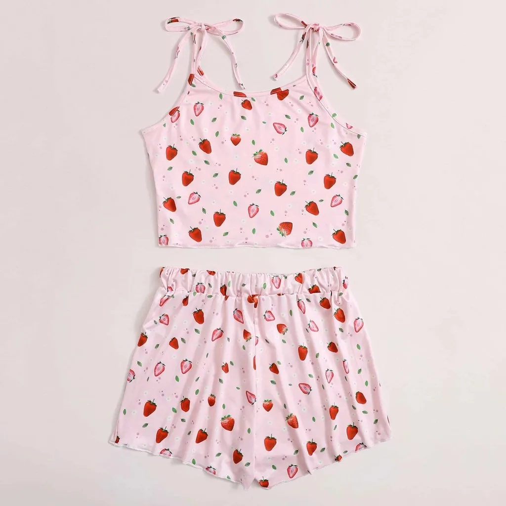 

Newly Design Women Sets Women Casual Print Strap Round Neck Cami And Strap Bow Shorts Set 207