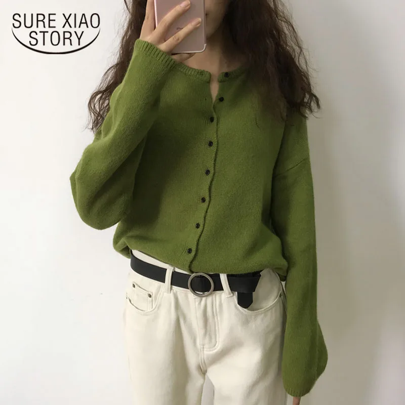 

Осенний Однотонный женский свитер, свитеры с длинным рукавом и круглым вырезом, Хлопковый вязаный кардиган, свободная шикарная Офисная Жен...